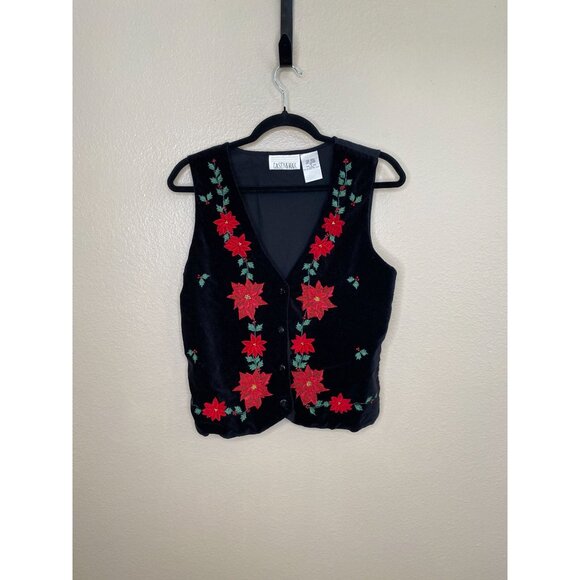 Casey & Max Black Velvet Festive Vest Poinsettia Embroidery Button Down Womens M - Picture 1 of 6